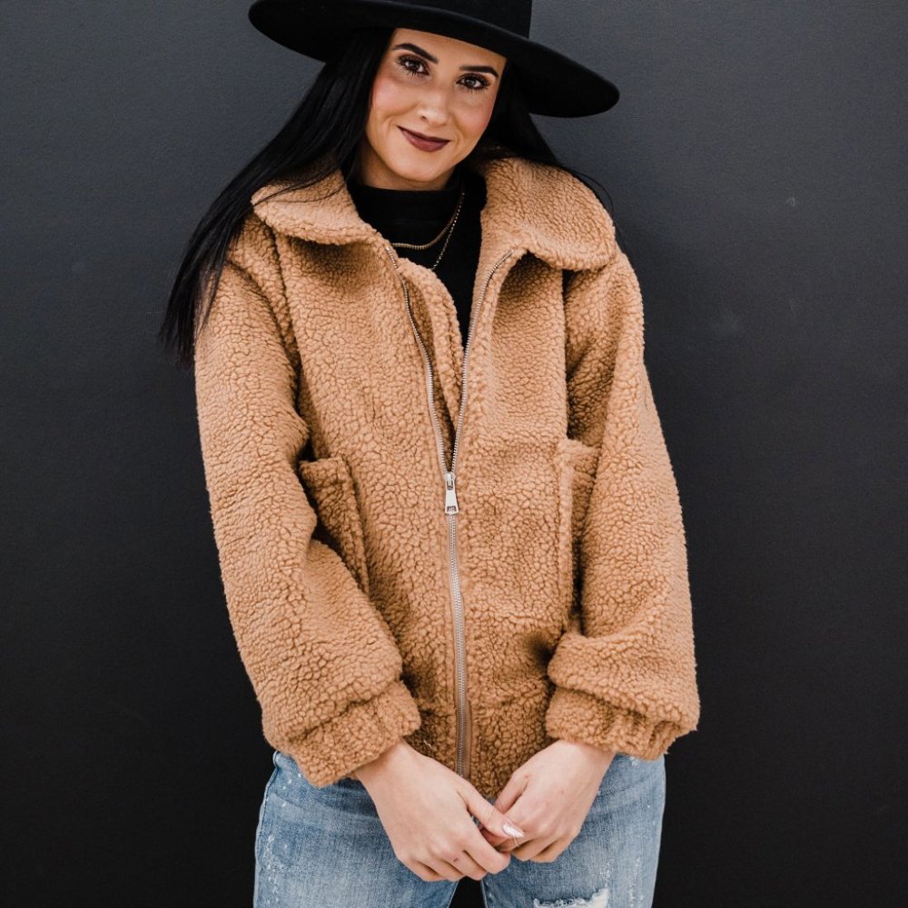 Zip Up Dropped Shoulder Teddy Jacket with Pockets